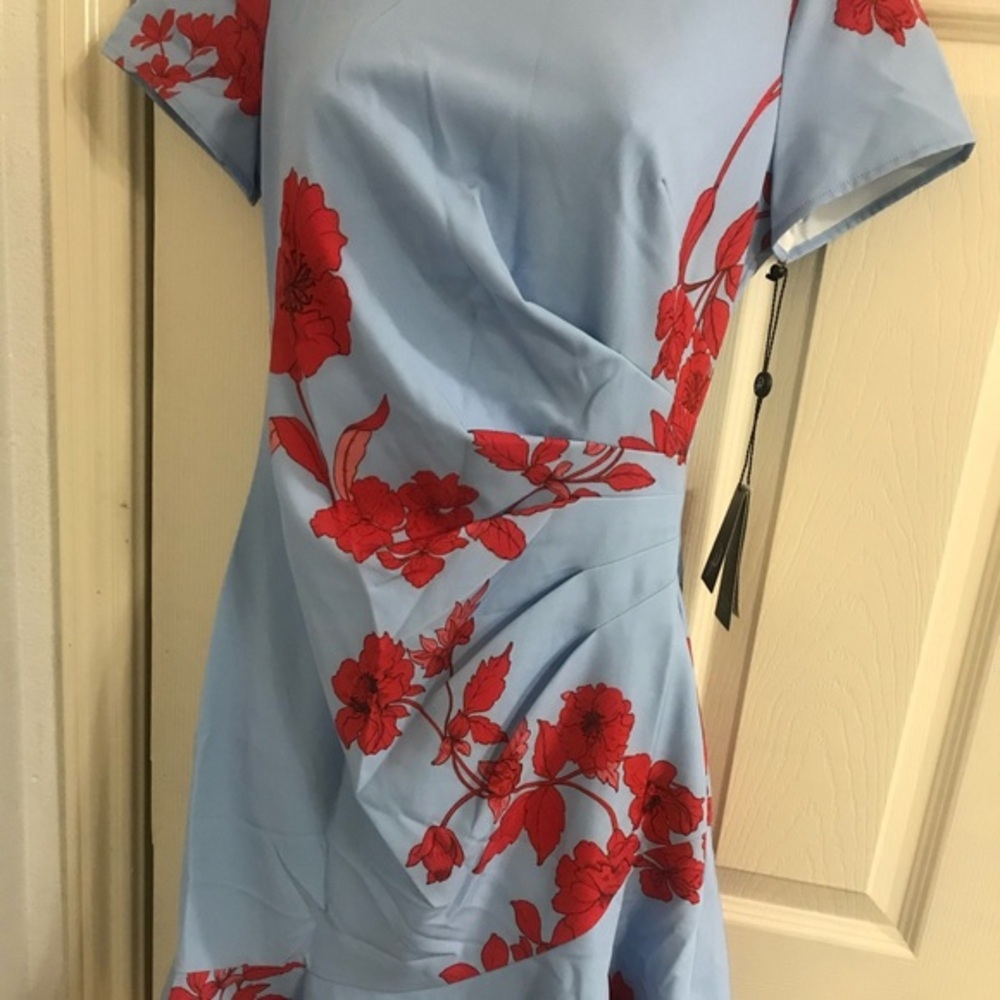 Adrianna Papell pretty blue red roses asymmetrical flounce hem tulip Dress sz‎ 2